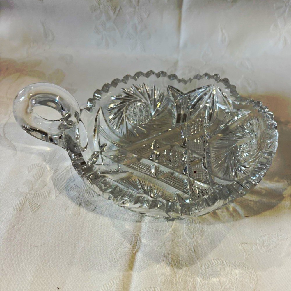 Clear Cut Glass Oval Candy Dish with Handle, Scalloped Edge Decorative Serving